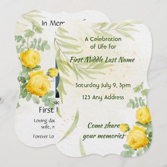 Invitation Fête de la vie Service Roses Jaunes Fleurs (Devant / Derrière)