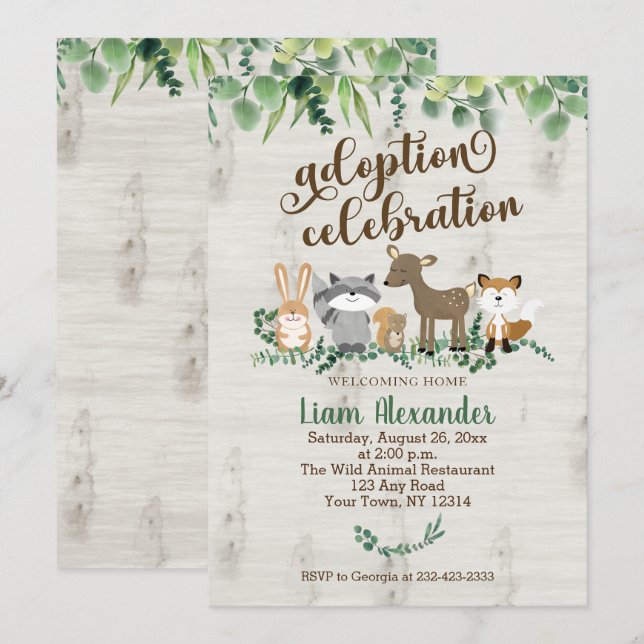 Invitation Fête de l'adoption Douche Animaux de la Forêt (Devant / Derrière)