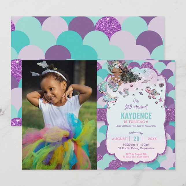 Invitation Fête de l'anniversaire de la Sirène afro-américain (Devant / Derrière)