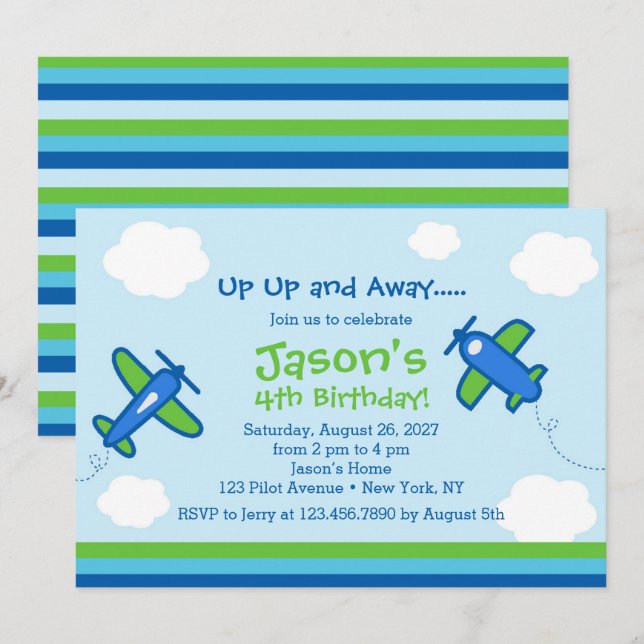 Invitation Fête de l'anniversaire de l'avion vers le haut et  (Devant / Derrière)
