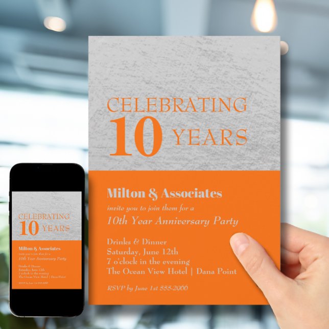 Invitation Fête de l'anniversaire de l'entreprise Orange Silv (Change to ANY YEAR. Order printed and instant download (great to email as a reminder.))