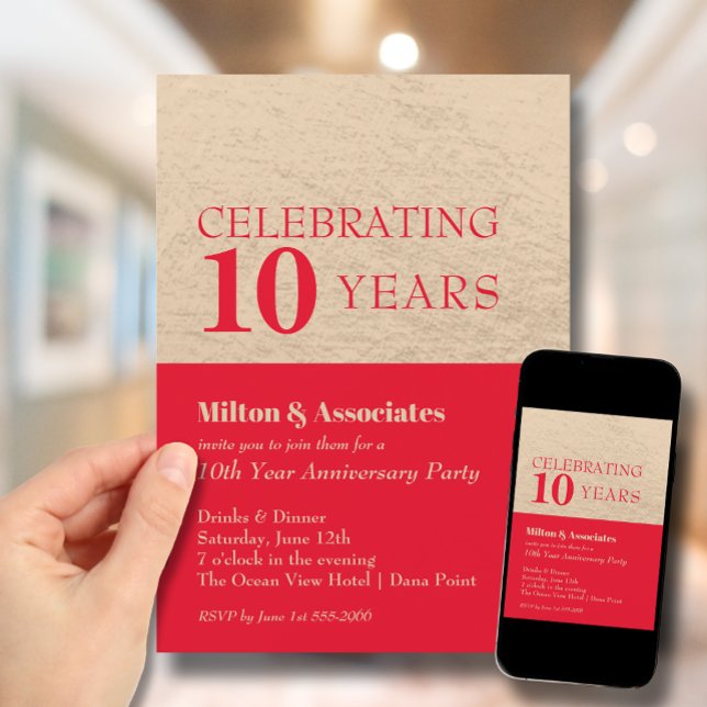 Invitation Fête de l'anniversaire de l'entreprise Rouge & Or (Change to ANY YEAR. Order printed and instant download (great to email as a reminder.))