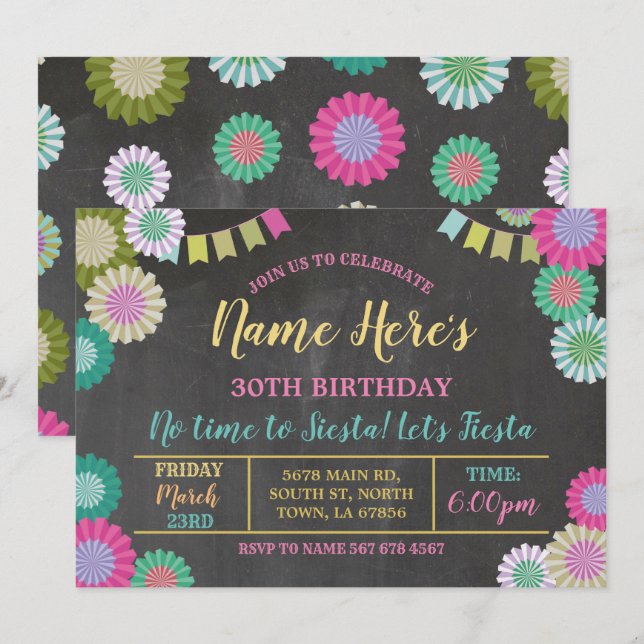 Invitation Fête de l'anniversaire Floral Mexicain Fans Roses  (Devant / Derrière)