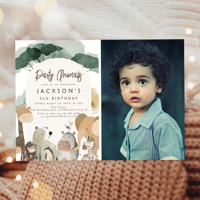 Invitation Fête de l'aquarelle Animaux Photo Fête d'anniversa (Créateur téléchargé)
