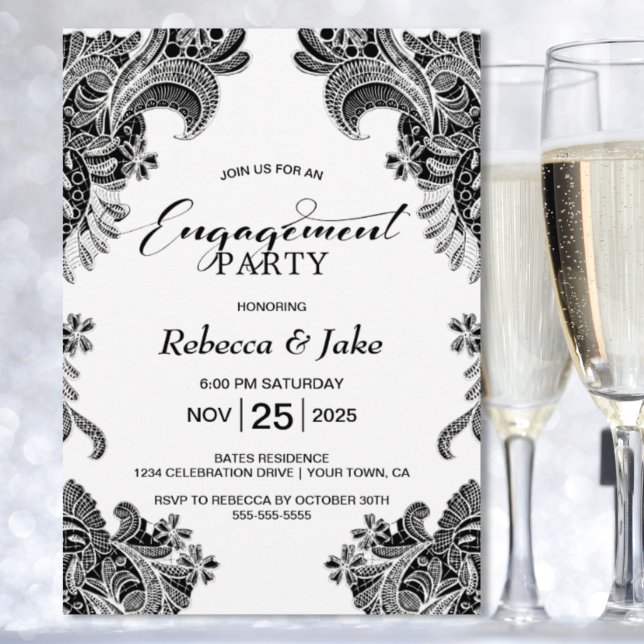 Invitation Fête de l'engagement de Black and White Lace (Créateur téléchargé)