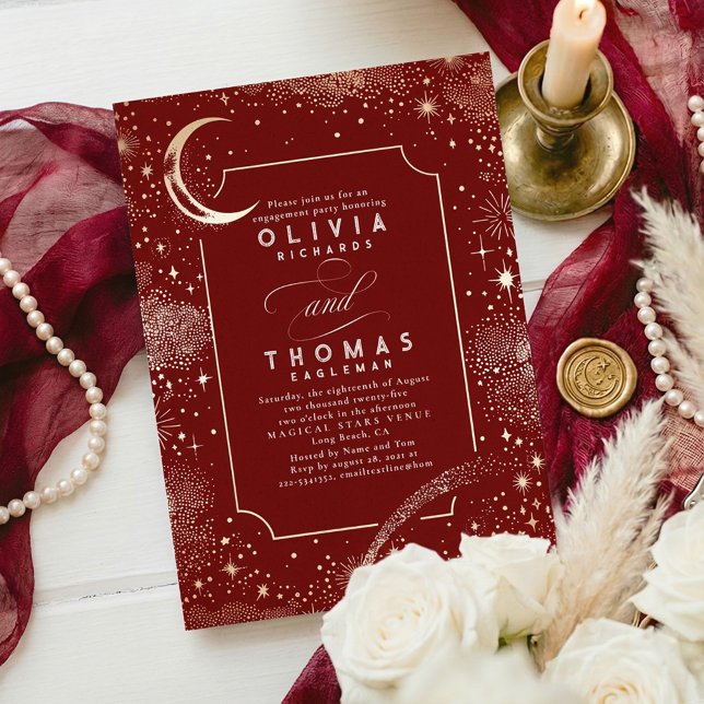 Invitation Fête de l'engagement mystique de la Lune de nuit é (Celestial Moon and Stars Night Sky Engagement Party Invitation in Burgundy Red and Gold)