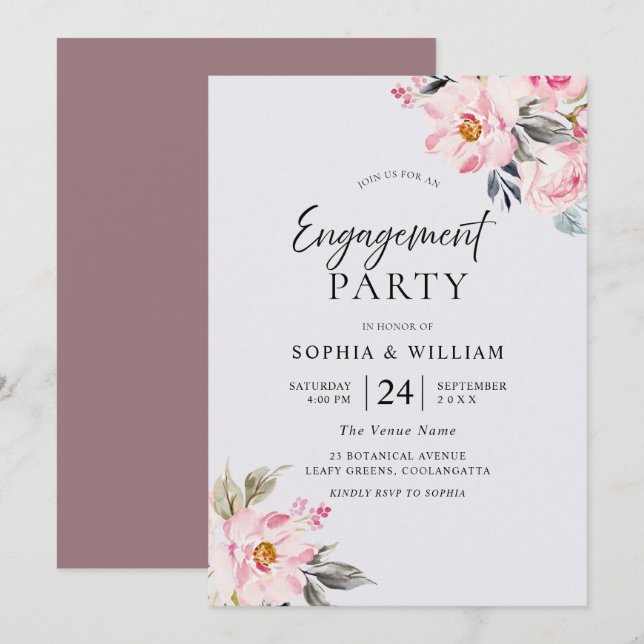 Invitation Fête de l'engagement rose pâle Floral Rose (Devant / Derrière)
