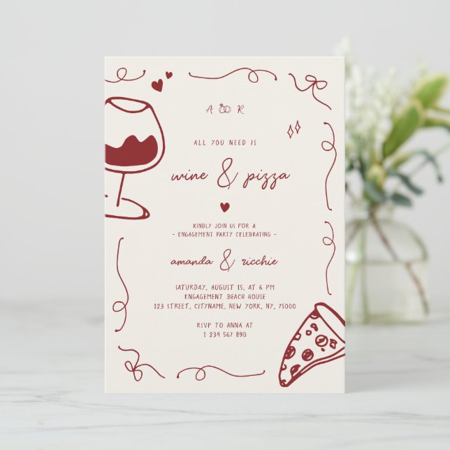 Invitation Fête de l'engagement Vin et Pizza à la main frança (Debout devant)