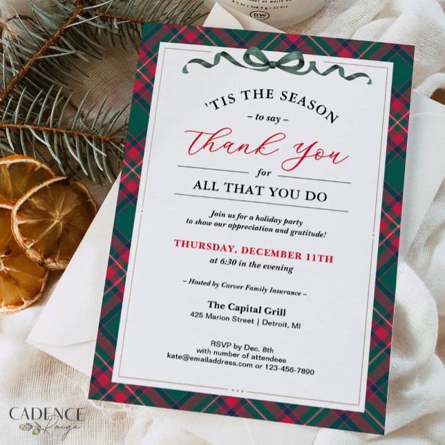 Invitation Fête de l'entreprise - Merci (Company Holiday Party invitation with elegant plaid and a thank you message to show gratitude)