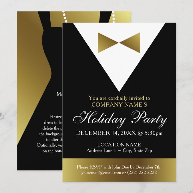 Invitation Fête de l'entreprise | Tuxedo noir et or (Devant / Derrière)