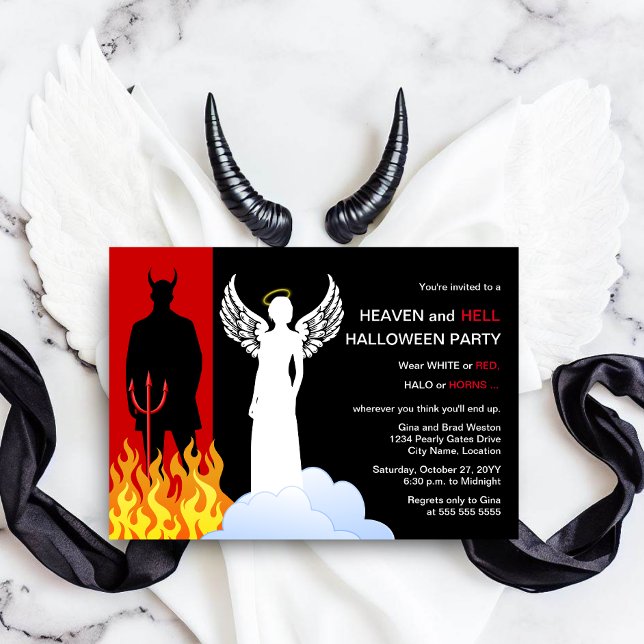 Invitation Fête de l'Halloween du ciel et de l'enfer (Celebrate a heaven and hell Halloween party by inviting your guests with this angel and devil invite)
