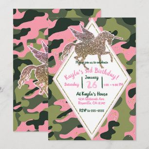 Invitation Fête de licorne rose verte camouflage et or