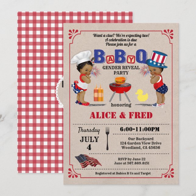 Invitation Fête de l'Indépendance BabyQ jumeaux baby shower (Devant / Derrière)