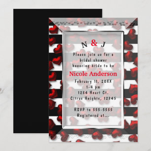 Invitation Fête de l'mariée Black White Stripes & Red Hearts