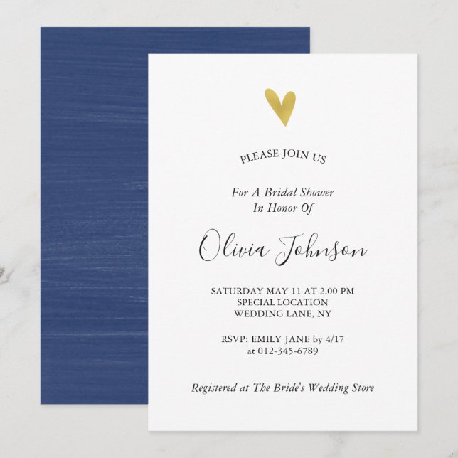 Invitation Fête de l'mariée bleue de Gold Heart Navy (Devant / Derrière)