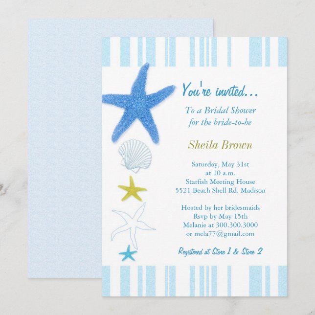 Invitation Fête de l'mariée Blue Starfish & Stripes (Devant / Derrière)