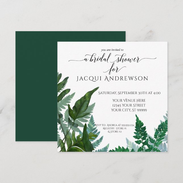 Invitation Fête de l'mariée botanique de Fern Foliage| Carré (Devant / Derrière)