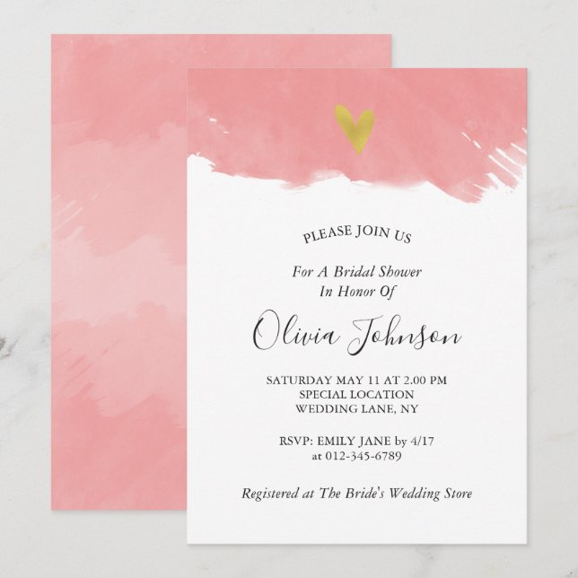 Invitation Fête de l'mariée d'aquarelle rose coeur simple et  (Devant / Derrière)