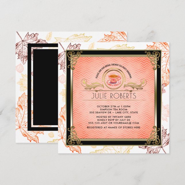 Invitation Fête de l'mariée d'automne Tea Party Feuilles d'au (Devant / Derrière)