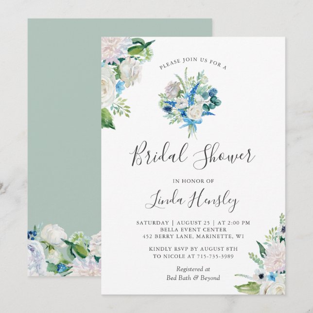 Invitation Fête de l'mariée de bouquet de fleurs blanches ble (Devant / Derrière)