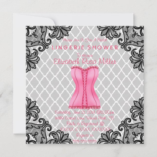 Invitation Fête de l'mariée de la lingerie en dentelle rose e (Devant)