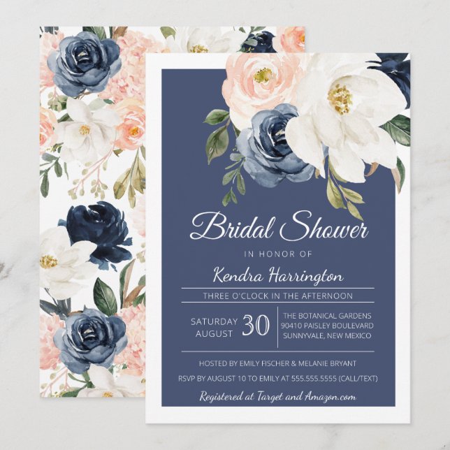 Invitation Fête de l'mariée de la Lush Magnolia Rose Navy Blu (Devant / Derrière)