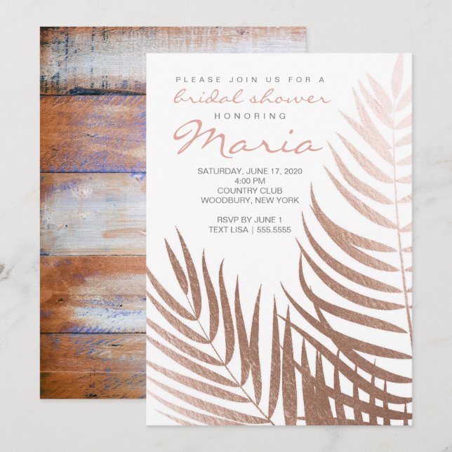 Invitation Fête de l'mariée des Feuilles Roses Gold Foil Palm (Devant / Derrière)