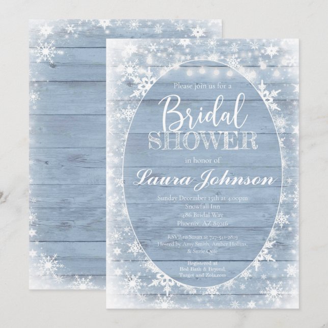 Invitation Fête de l'mariée des flocons de neige, nuptiale d' (Devant / Derrière)