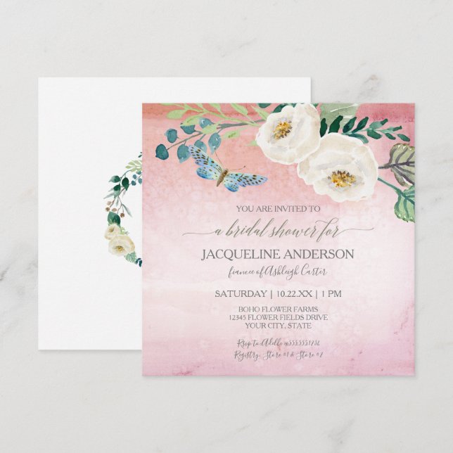 Invitation Fête de l'mariée des Roses de papillons modernes à (Devant / Derrière)