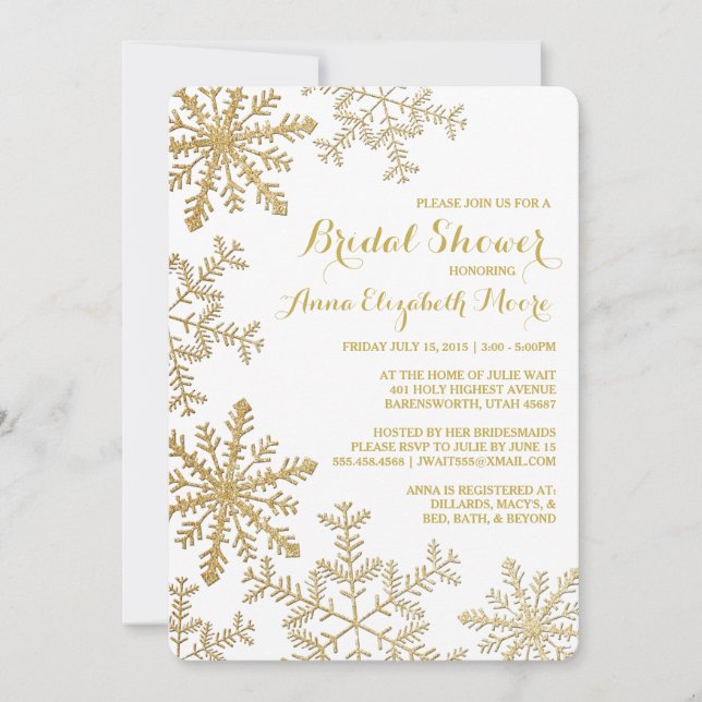 Invitation Fête de l'mariée d'hiver des Snowflakes Gold Parti (Devant)