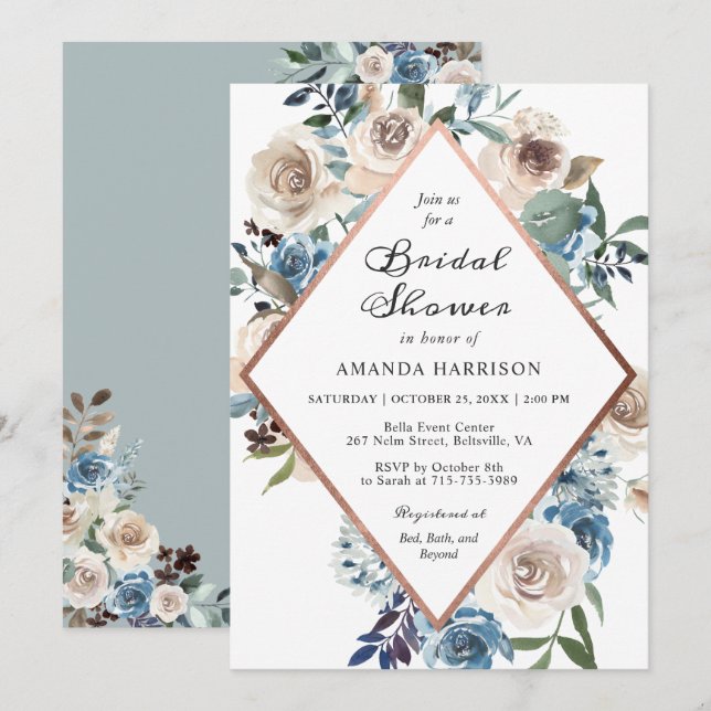 Invitation Fête de l'mariée d'or Boho Dusty Blue Floral Rose (Devant / Derrière)