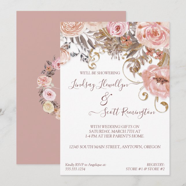 Invitation Fête de l'mariée d'or Rose floral séché Boho Blush (Devant / Derrière)