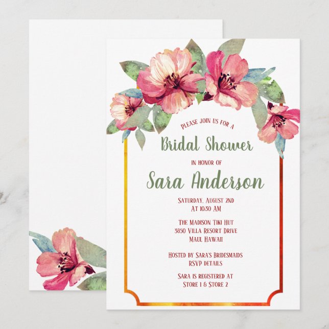 Invitation Fête de l'mariée du parti Hibiscus Luau (Devant / Derrière)