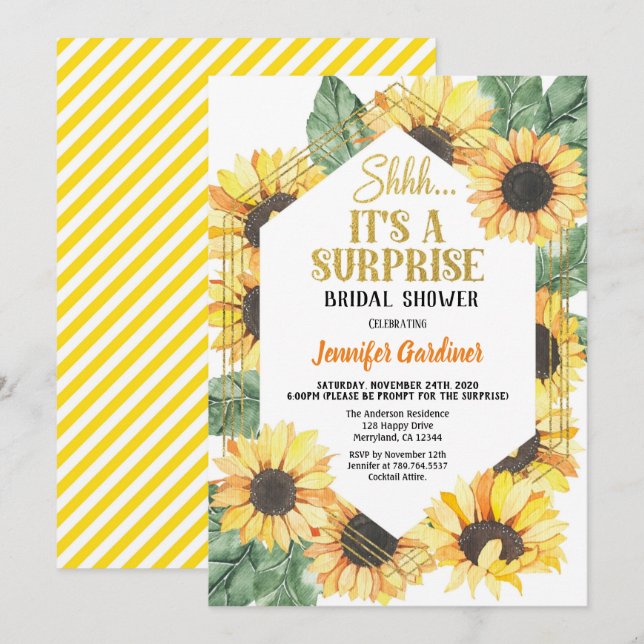 Invitation Fête de l'mariée du Sunflower Surprise Party (Devant / Derrière)