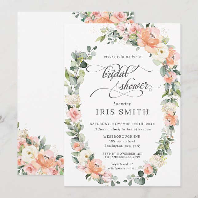 Invitation Fête de l'mariée en germe de fleurs d'ivoire rose (Devant / Derrière)