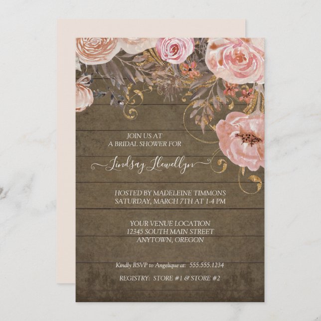 Invitation Fête de l'mariée en or Rose Boho en bois rustique (Devant / Derrière)