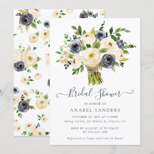 Invitation Fête de l'mariée Floral Beige Navy Aquarelle Peoni