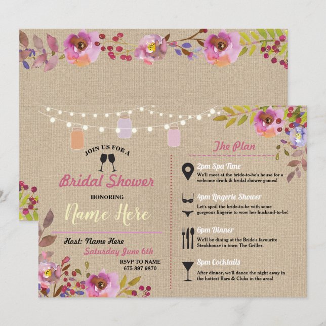 Invitation Fête de l'mariée Floral Burlap Jars Pink Itinérair (Devant / Derrière)