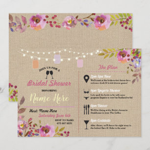 Invitation Fête de l'mariée Floral Burlap Jars Pink Itinérair