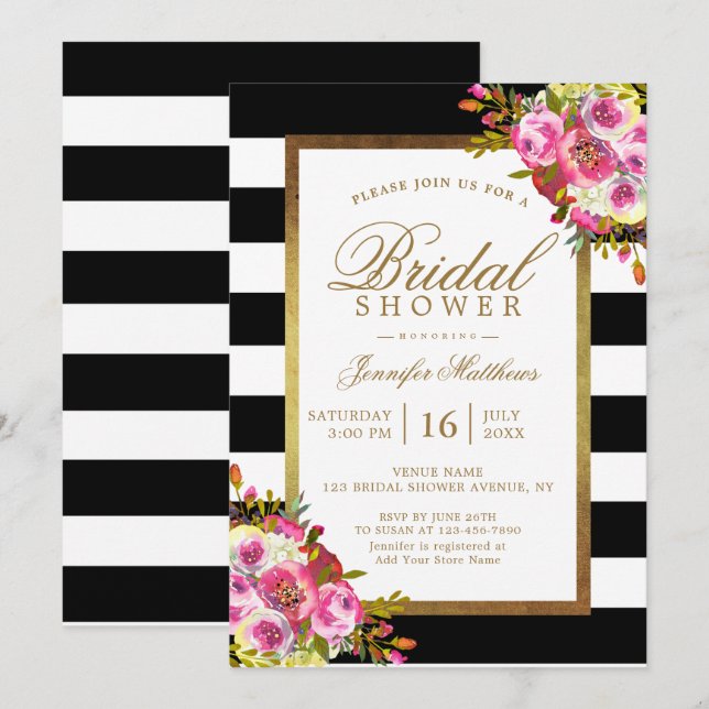 Invitation Fête de l'mariée Floral Chic Gold Black White Stri (Devant / Derrière)