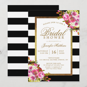 Invitation Fête de l'mariée Floral Chic Gold Black White Stri