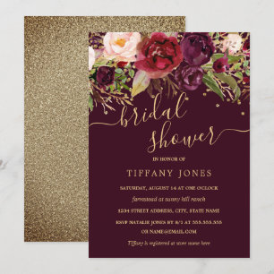 Invitation Fête de l'mariée Floral Gold Burgundy Confetti