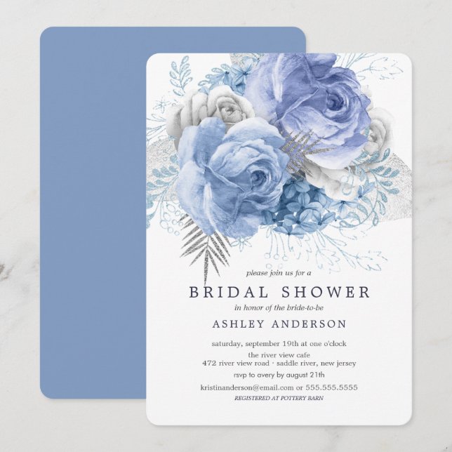 Invitation Fête de l'mariée florale bleue et argent (Devant / Derrière)