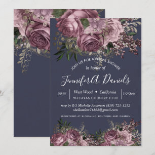 Invitation Fête de l'mariée florale d'argent pourpre Rose