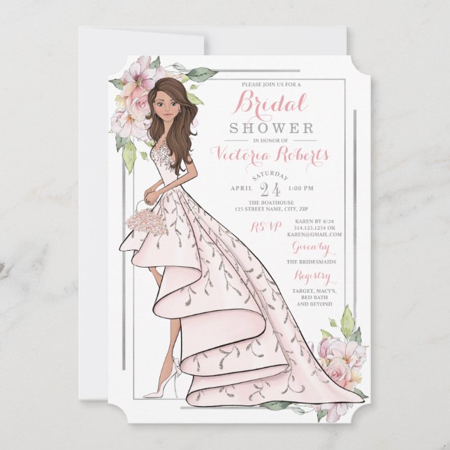 Invitation Fête de l'mariée florale de la mariée Brunette (Devant)