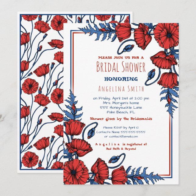 Invitation Fête de l'mariée florale de pavot personnalisée (Devant / Derrière)