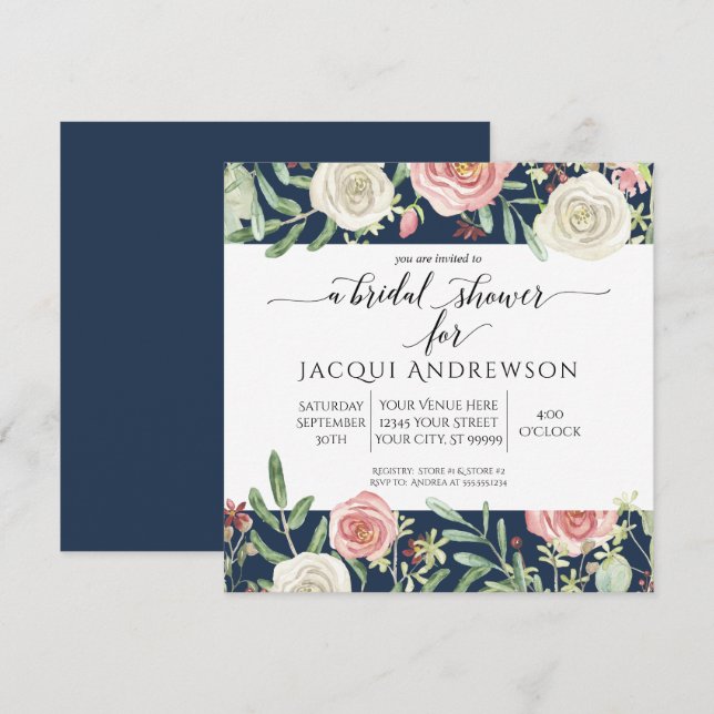 Invitation Fête de l'mariée florale des Roses de la marine et (Devant / Derrière)