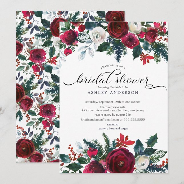 Invitation Fête de l'mariée florale en fleurs d'hiver (Devant / Derrière)