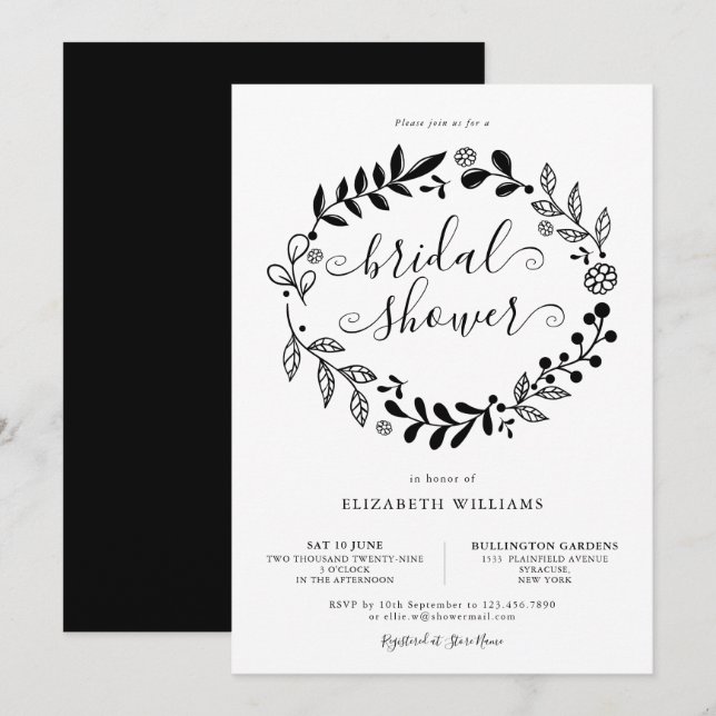 Invitation Fête de l'mariée Florale noire et blanche (Devant / Derrière)