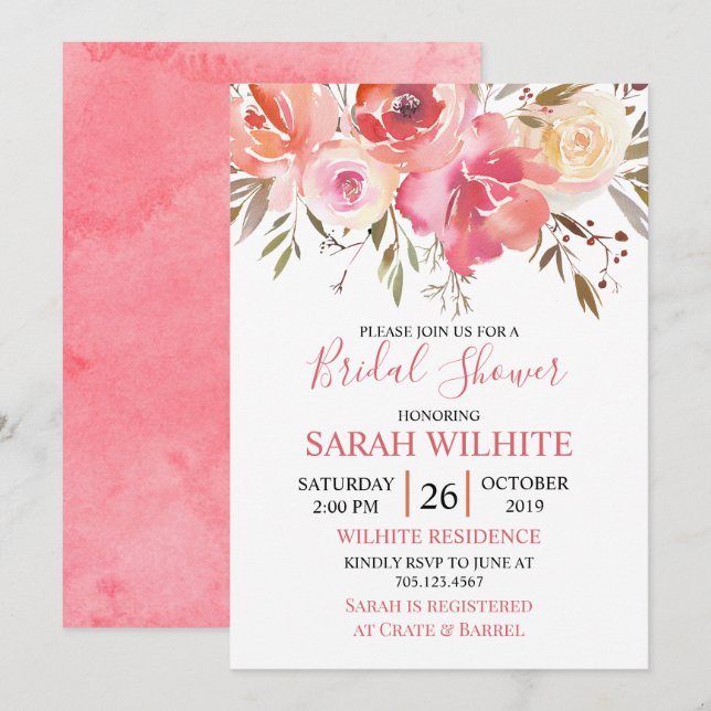 Invitation Fête de l'mariée florale romantique à l'aquarelle (Devant / Derrière)
